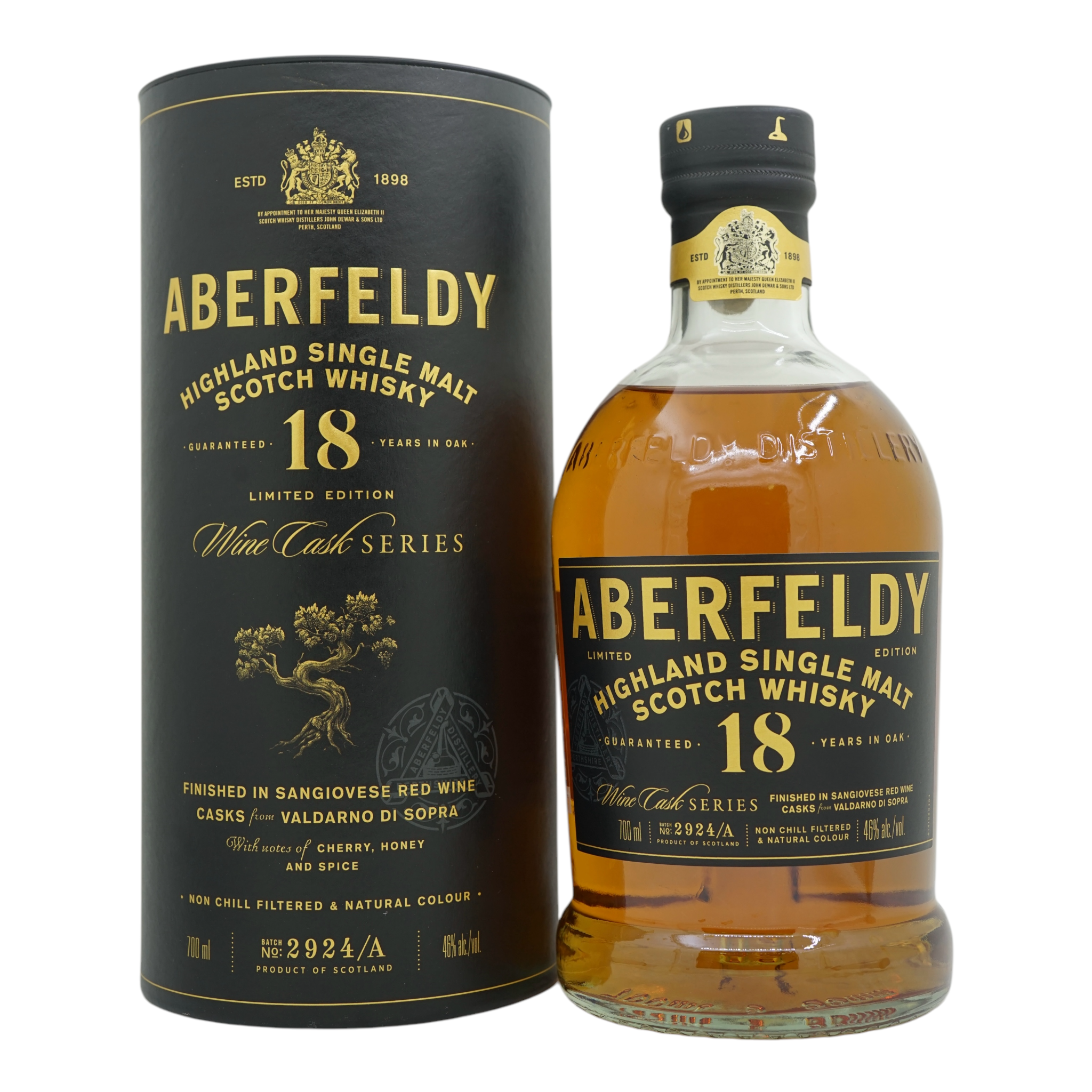 Aberfeldy 18 年陳釀葡萄酒桶系列,採用桑嬌維塞紅酒釀造,編號為 2924/A