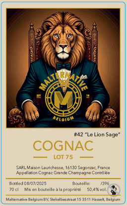 (Pre-Order) Laurichesse 'Lot 75 - Le Lion Sage' 50.4%, Malternative Belgium, Grande Champagne WHISKYFUN92PTS