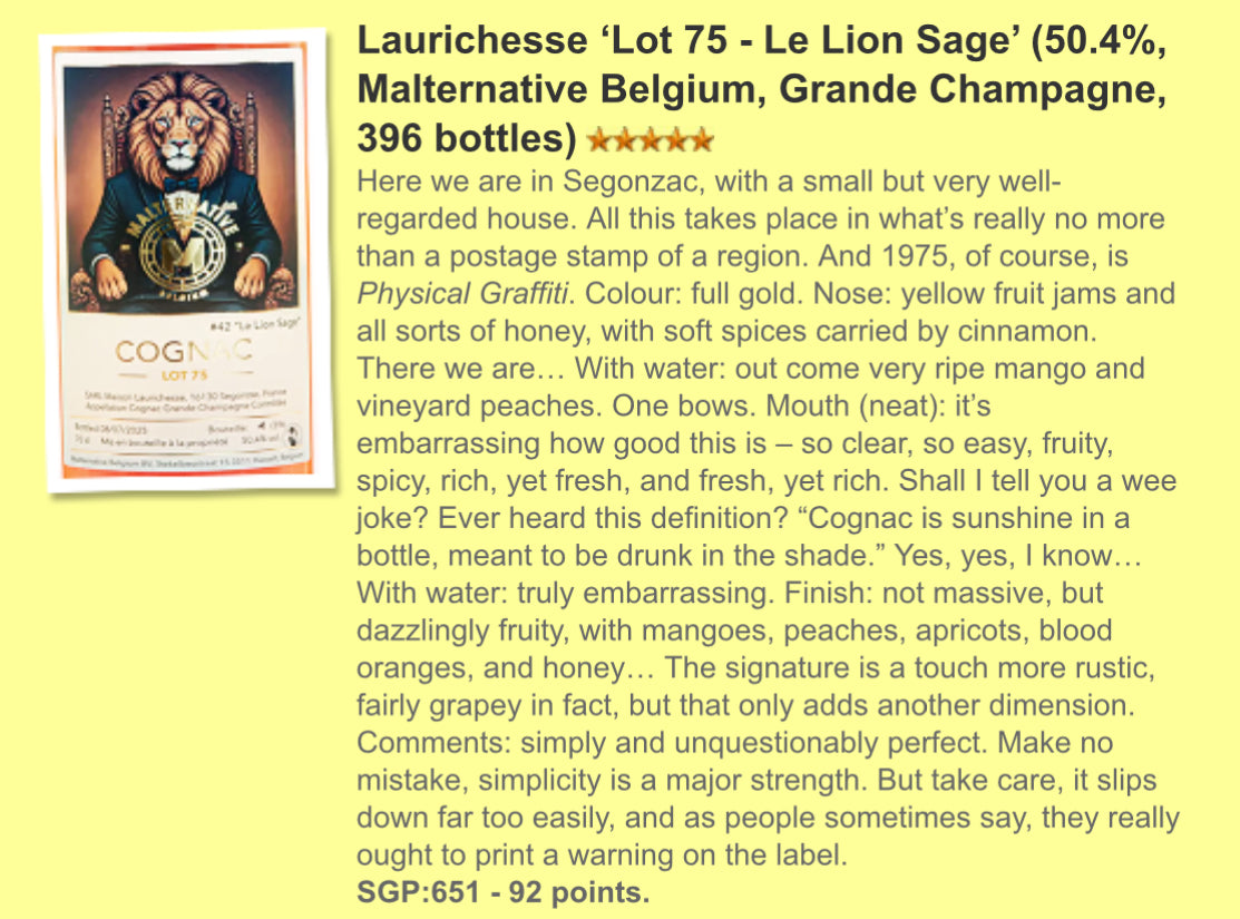 (Pre-Order) Laurichesse 'Lot 75 - Le Lion Sage' 50.4%, Malternative Belgium, Grande Champagne WHISKYFUN92PTS
