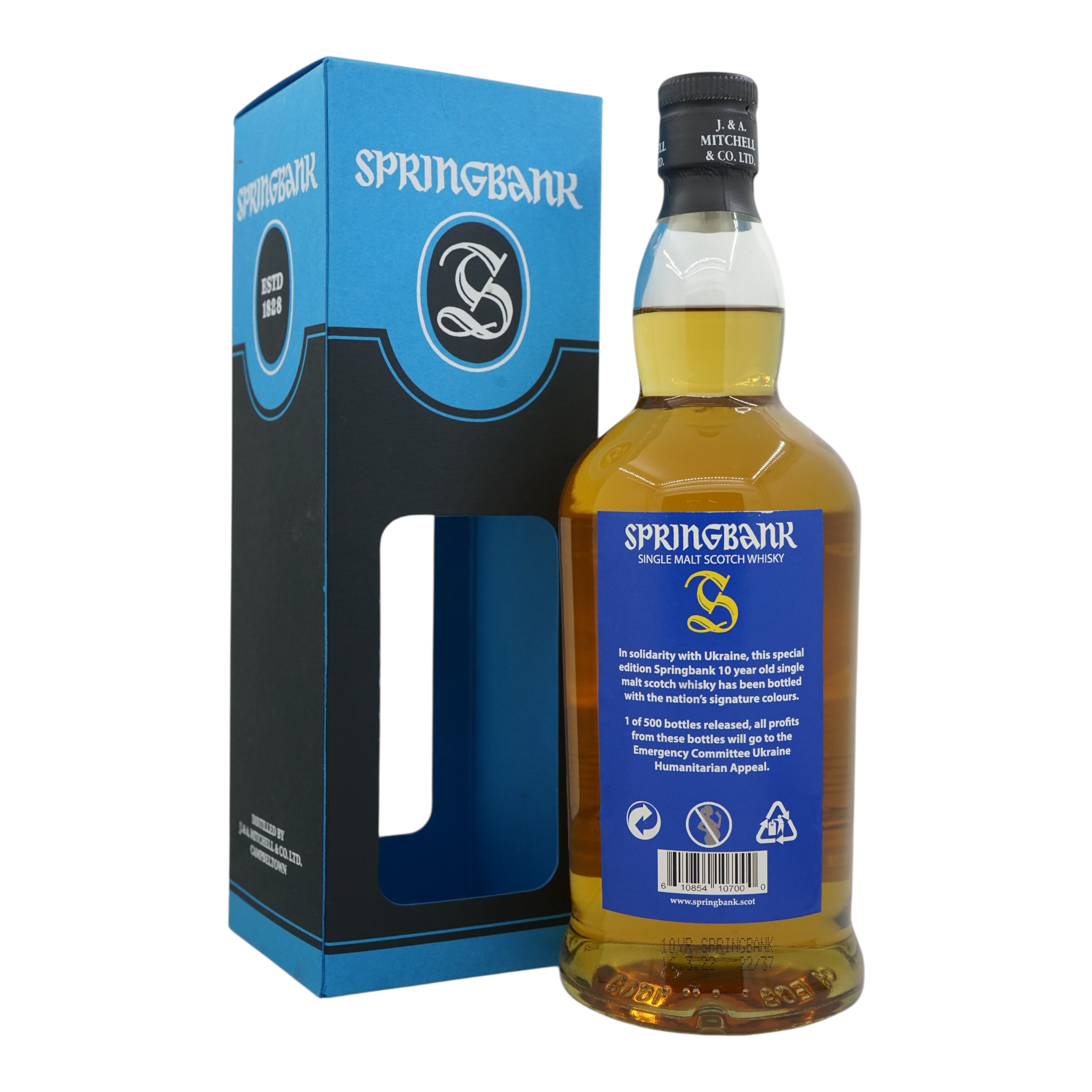 Springbank 10 Year Old 2022 Charity for Ukraine, yellow and blue