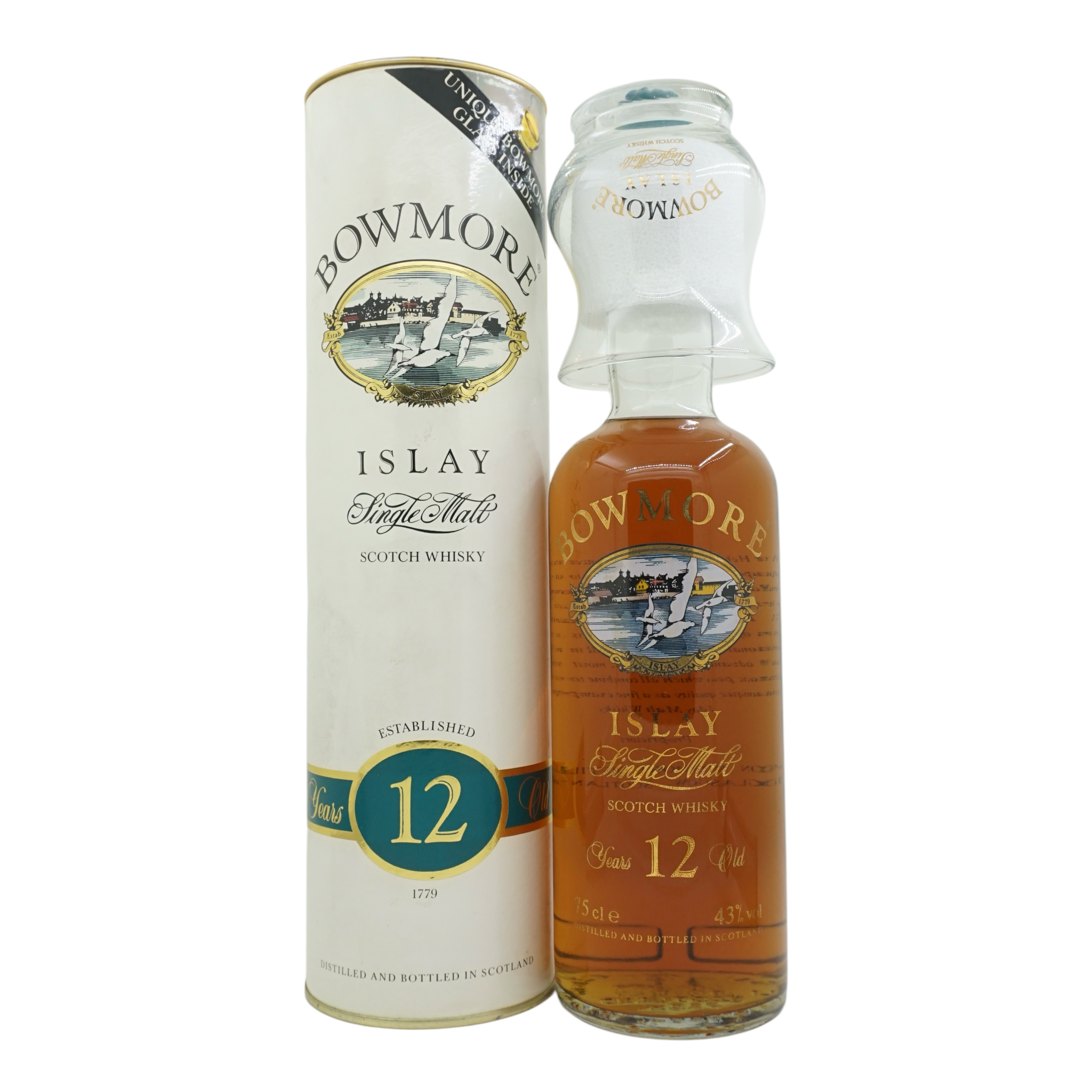 Bowmore 12 Year Old Screen Printed Label with Glass